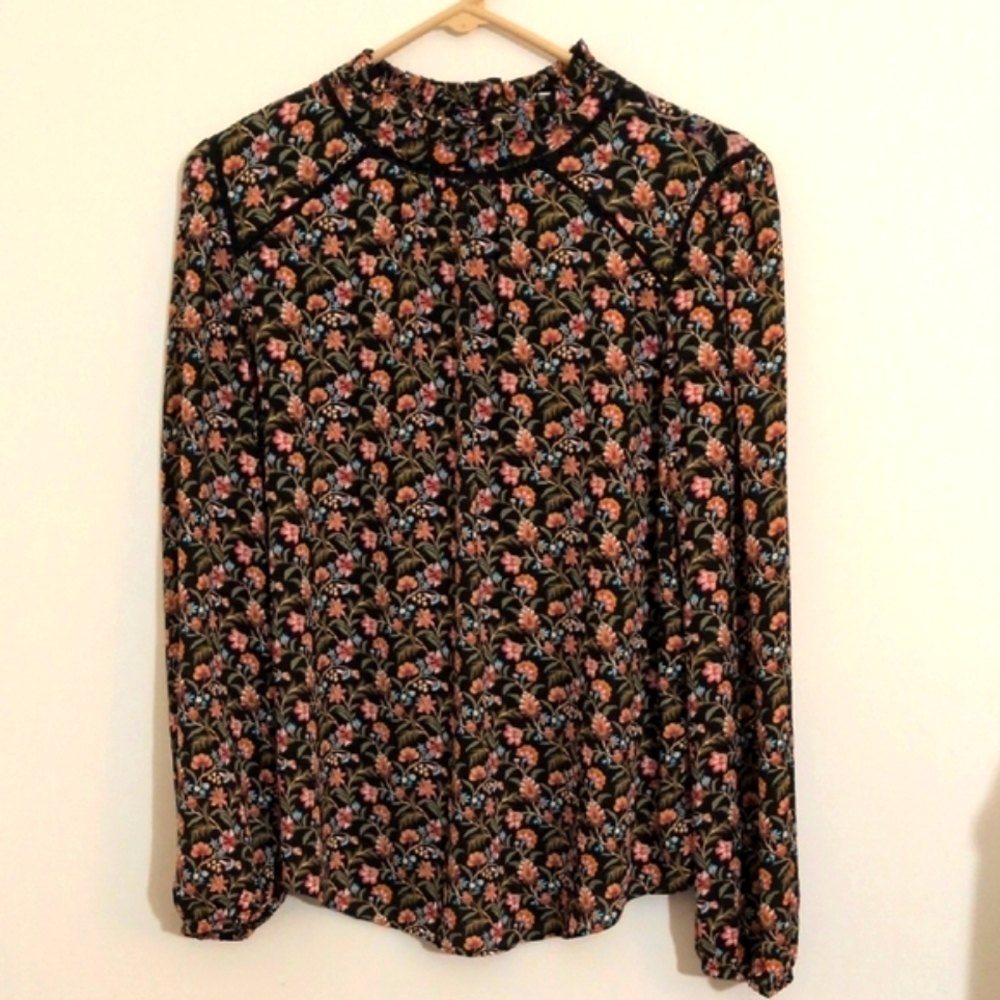 Loft Black Floral Blouse Back Button Gatchered Collar and Fagoting Detail
